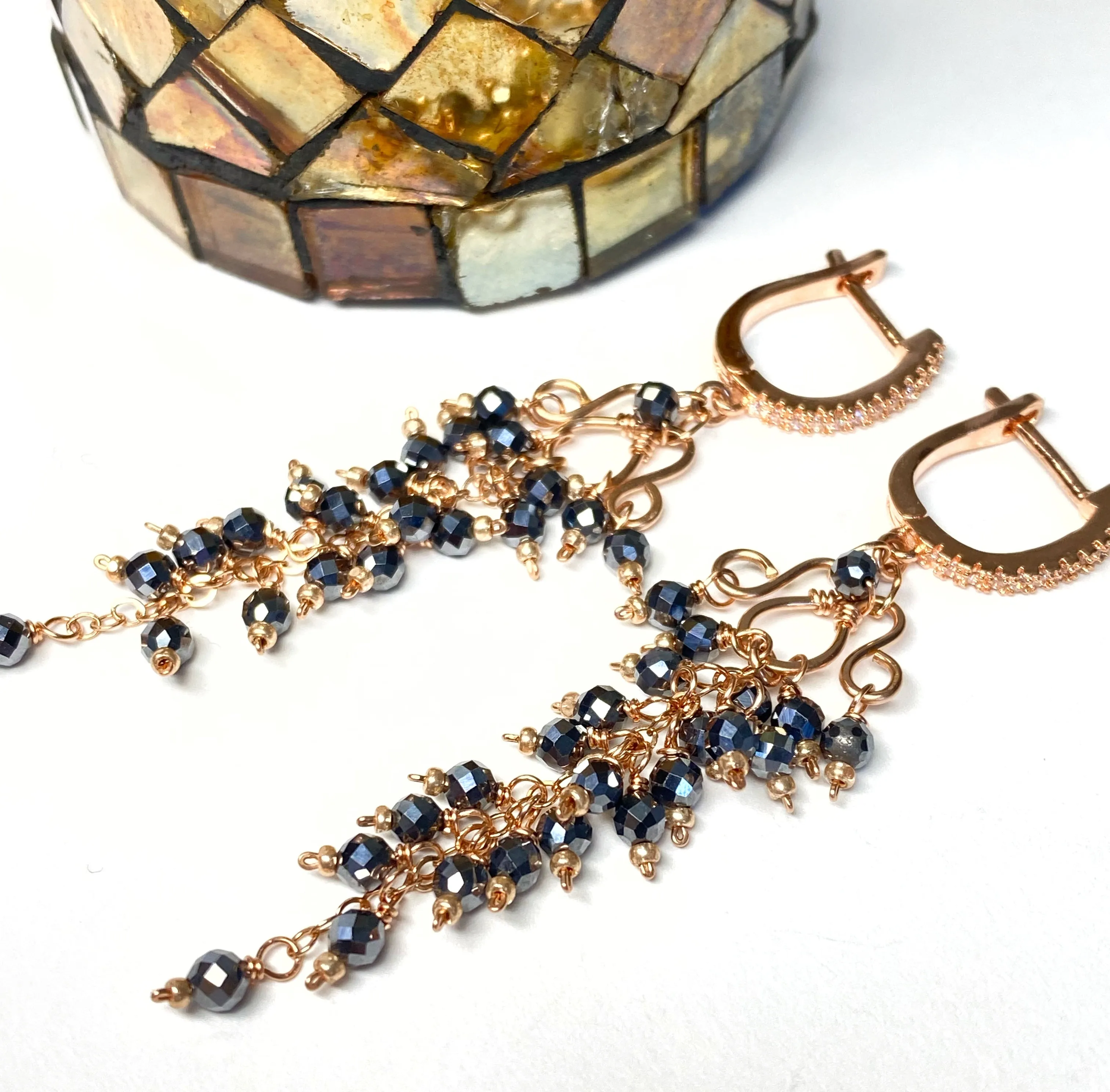 Black Gem Cluster Tassel Dangle Earrings Rose Gold Fill