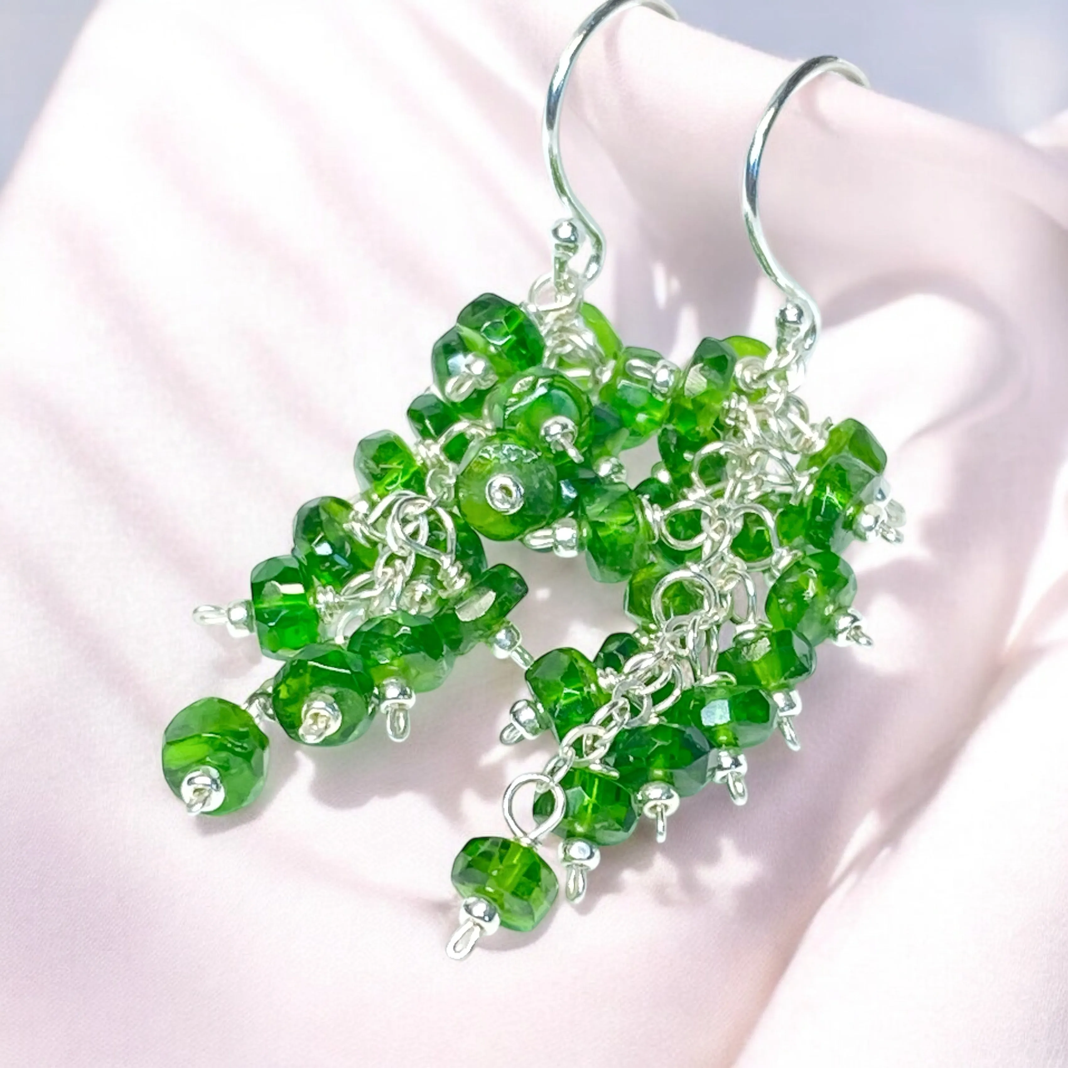 Green Chrome Diopside Gemstone Dangle Cluster Earrings Sterling Silver
