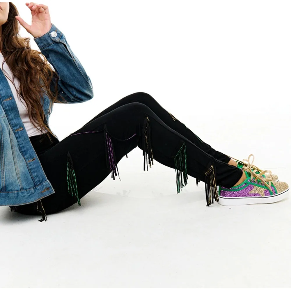 Mardi Gras Rhinestone Tassel Leggings Adult