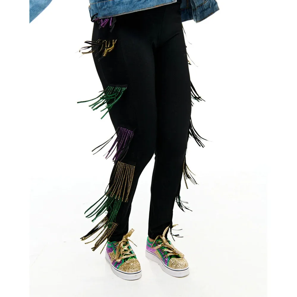 Mardi Gras Rhinestone Tassel Leggings Adult