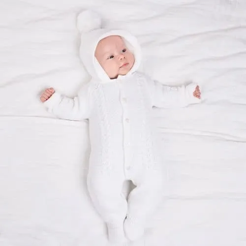 Unisex Baby White Cable Knit Hooded Pramsuit