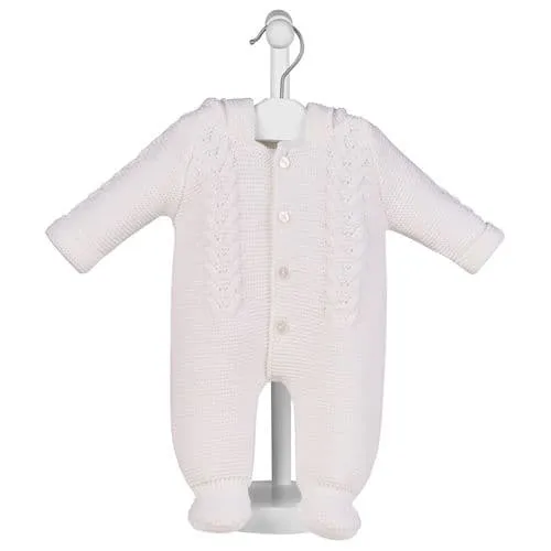 Unisex Baby White Cable Knit Hooded Pramsuit